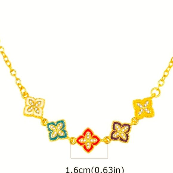 MULTICOLOR MIX OF COPPER BASE CLOVERS 18K GOLD PLATE CUBIC ZIRCONIA NECKLACE - Picture 1 of 1